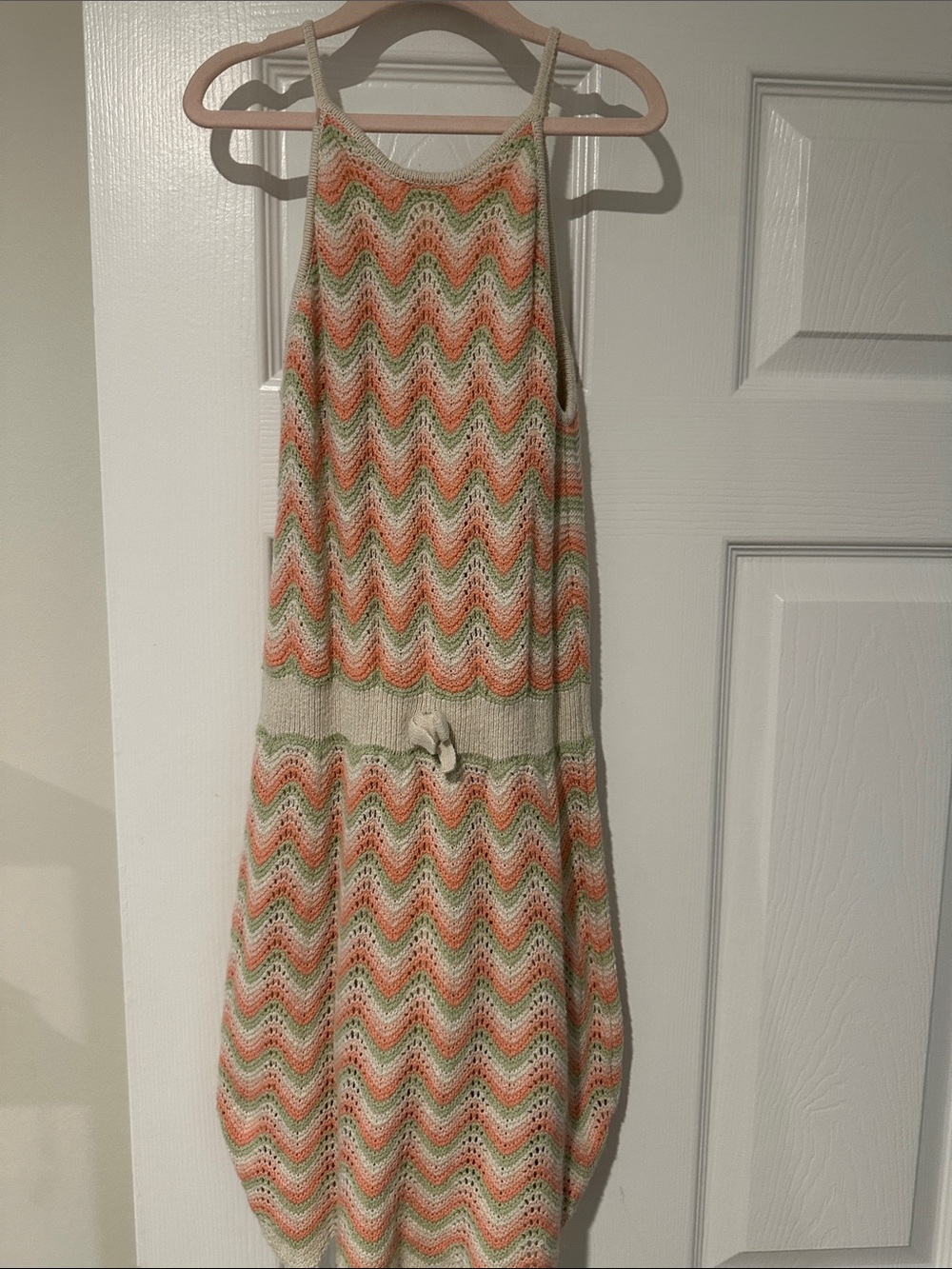 Janie and Jack Cream, Coral, and Green Crochet Chevron Dress